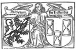 An angel holding two coats of arms of Schiedam: a lion and three hourglasses; banderoles with inscription