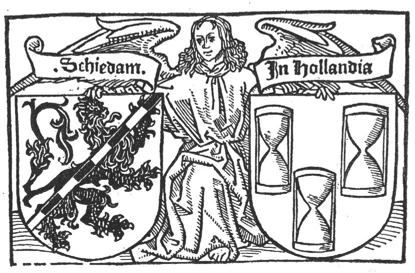 An angel holding two coats of arms of Schiedam: a lion and three hourglasses; banderoles with inscription