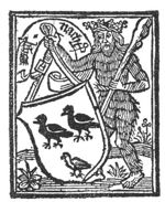A wild man with a wreath on his head, holding a club in one hand and the coat of arms of Nachtegael (nightingales?); banderole with inscription