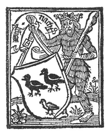 A wild man with a wreath on his head, holding a club in one hand and the coat of arms of Nachtegael (nightingales?); banderole with inscription