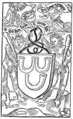 Two wild men with clubs hold a coat of arms with three horns; above them: God the Father and a man or woman(?) in prayer; banderoles with inscription