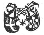 Coat of arms of Zwolle and 'Hausmarke' hanging from branches; a star between the shields