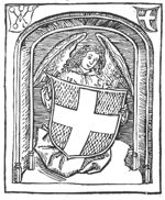An angel under an arch, holding the coat of arms of Zwolle; above the arch the 'Hausmarke', while the arms of Zwolle are repeated