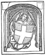 An angel under an arch, holding the coat of arms of Zwolle; above the arch two blank shields