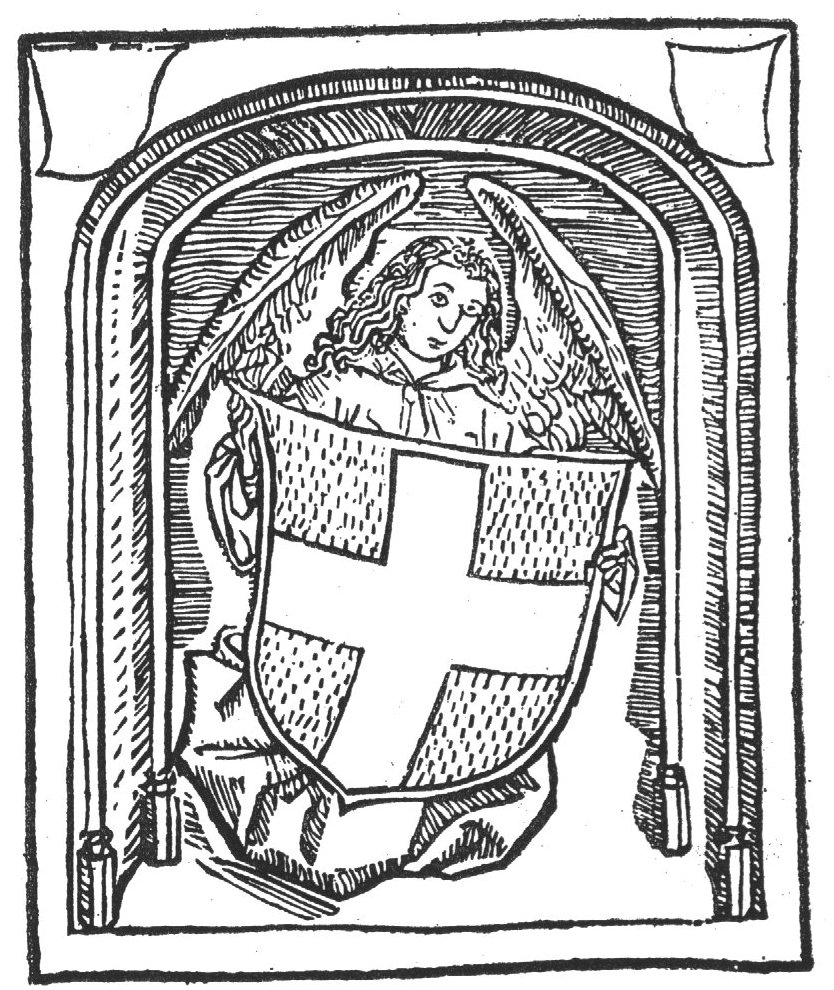 An angel under an arch, holding the coat of arms of Zwolle; above the arch two blank shields