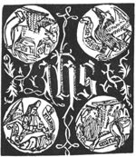 Medallions with the symbols of the four evangelists, all with a banderole carrying their names, surround an IHS monogram with foliage ornamentation