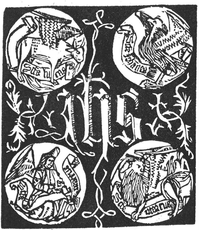 Medallions with the symbols of the four evangelists, all with a banderole carrying their names, surround an IHS monogram with foliage ornamentation