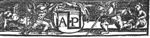 Two putti hold a staff in one hand and support a 'Hausmarke' with the initials "A.P." with the other; a third putto lies on the ground resting his head on his hand; a fourth one (wingless) pulls at the tunic of one of his comrades