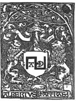 Two heraldic lions holding a shield, hanging from a tree, with 'Hausmarke' and the initials "A.P."; two banderoles with inscription; flowering branches intertwine across the tree