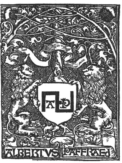 Two heraldic lions holding a shield, hanging from a tree, with 'Hausmarke' and the initials "A.P."; two banderoles with inscription; flowering branches intertwine across the tree