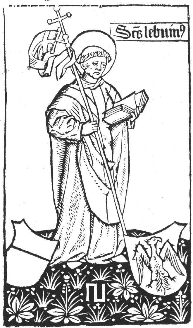 St. Lebuin holding a cross staff with banner and an open book; coats of arms of Deventer at his feet; 'Hausmarke'