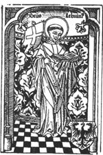 St. Lebuin standing under an arch (in an apse?), in front of a curtain or mural painting, holding a cross staff with banner and an open book; coat of arms of Deventer at his feet