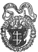 Angel holding the 'Hausmarke' with initials "I.P."; wreath encircling the angel; banderole with inscription