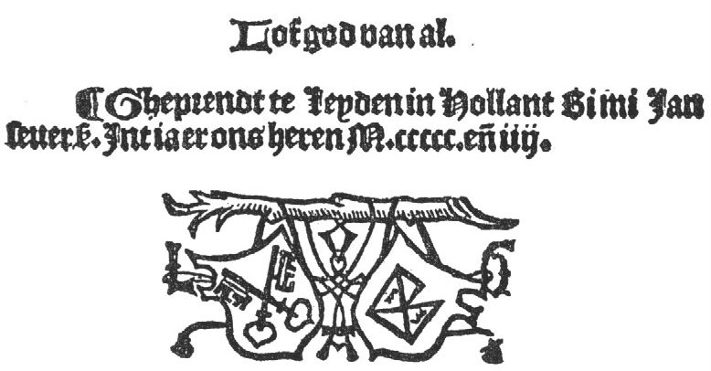 Branch from which are hanging the coat of arms of Leiden, and 'Hausmarke' with initials "I.S."; ornamental letter combination "L.G.V.A."
