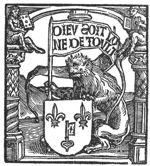 An heraldic lion holding a banner and a shield with fleur de lis and the key of Leiden(?); the lion is seated under an arch; on the capitals of both columns carrying the arch a nude man is seated holding a book; landscape