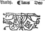 Branch from which are hanging the coat of arms of Leiden, and 'Hausmarke' with initials "I.S."; ornamental letter combination "L.G.V.A."