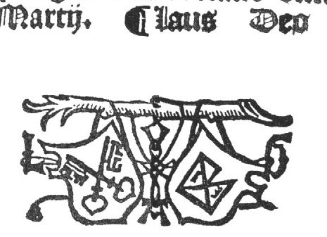Branch from which are hanging the coat of arms of Leiden, and 'Hausmarke' with initials "I.S."; ornamental letter combination "L.G.V.A."