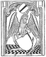 A winged unicorn under an arch, holding a blank shield; coat of arms of Delft above its head