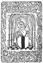 A winged unicorn under an arch, holding a coat of arms of Delft; frame with stylized floral ornament
