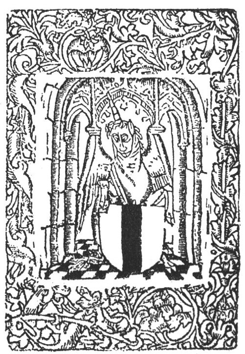 A winged unicorn under an arch, holding a coat of arms of Delft; frame with stylized floral ornament