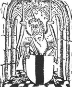 A winged unicorn under an arch, holding a coat of arms of Delft