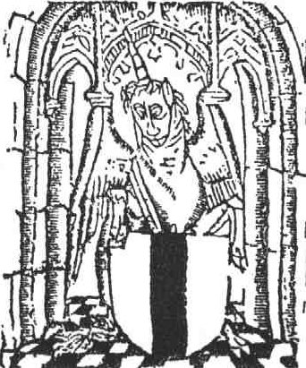 A winged unicorn under an arch, holding a coat of arms of Delft
