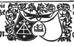 A branch from which Veldener's 'Hausmarke' and a blank shield are hanging; the 'Hausmarke' in white on black