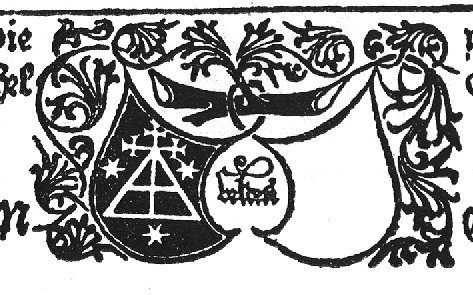 A branch from which Veldener's 'Hausmarke' and a blank shield are hanging; the 'Hausmarke' in white on black