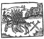 Landscape with the 'vier Heemskinderen': four knights in armour with sword riding on the back of one horse (Beyaert); a pair of crossed crutches