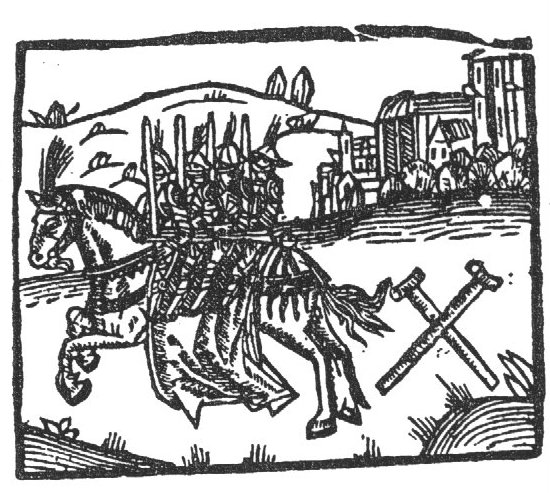 Landscape with the 'vier Heemskinderen': four knights in armour with sword riding on the back of one horse (Beyaert); a pair of crossed crutches
