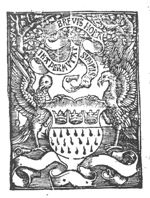 Two birds (eagles?) holding the coat of arms of Cologne; a tree behind each bird; banderoles, one with inscription (ermine attribute of St. Ursula)