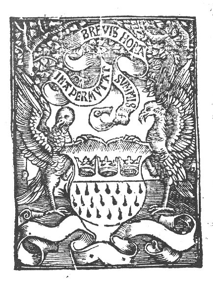 Two birds (eagles?) holding the coat of arms of Cologne; a tree behind each bird; banderoles, one with inscription (ermine attribute of St. Ursula)