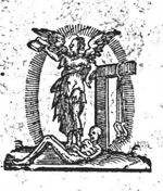 Allegory on the Christian Religion: a winged woman holding an open book and leaning against a tau-shaped cross; a bit hanging on one arm of the cross; a skeleton, symbolizing Death, below the feet of the woman