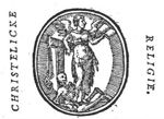 Allegory on the Christian Religion: a winged woman holding an open book and leaning against a tau-shaped cross; a bit hanging on one arm of the cross; a skeleton, symbolizing Death, below the feet of the woman
