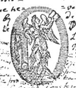 Allegory on the Christian Religion: a winged woman holding an open book and leaning against a tau-shaped cross; a bit hanging on one arm of the cross; a skeleton, symbolizing Death, below the feet of the woman