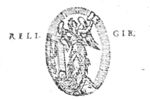 Allegory on the Christian Religion: a winged woman holding an open book and leaning against a tau-shaped cross; a bit hanging on one arm of the cross; a skeleton, symbolizing Death, below the feet of the woman