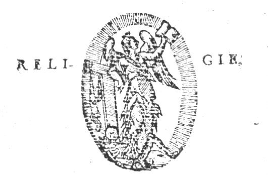 Allegory on the Christian Religion: a winged woman holding an open book and leaning against a tau-shaped cross; a bit hanging on one arm of the cross; a skeleton, symbolizing Death, below the feet of the woman