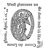 Allegory on the Christian Religion: a winged woman holding an open book and leaning against a tau-shaped cross; a bit hanging on one arm of the cross; a skeleton, symbolizing Death, below the feet of the woman