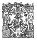 A cartouche held by two angels shows one man swinging an axe at a tree, a second man hitting the root of the tree with an axe; the angels stand on pedestals and are part of a decorative frame with architectural elements, garlands of fruit; a 'Hausmarke'
