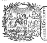 A man spading; in the background a man sowing and another man ploughing; further back a windmill and churches(?); sunlight; a laurel wreath with inscribed banderole as frame