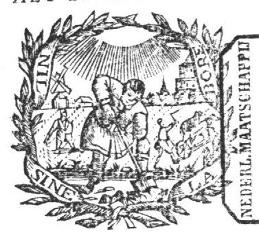 A man spading; in the background a man sowing and another man ploughing; further back a windmill and churches(?); sunlight; a laurel wreath with inscribed banderole as frame