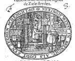 Front and interior of a book-and printshop; several customers and shop assistants(?) inside, a woman among them; a man - the owner(?) - in front of the shop speaking to a man who seems to be looking at the goods on display on one of the tables in front of the shop; two portrait prints (a man and a woman) are stuck on the doorframe