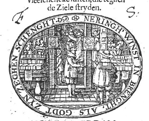 Front and interior of a book-and printshop; several customers and shop assistants(?) inside, a woman among them; a man - the owner(?) - in front of the shop speaking to a man who seems to be looking at the goods on display on one of the tables in front of the shop; two portrait prints (a man and a woman) are stuck on the doorframe