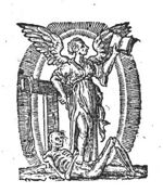 Allegory on the Christian Religion: a winged woman holding an open book and leaning against a tau-shaped cross; a bit hanging on one arm of the cross; a skeleton, symbolizing Death, below the feet of the woman