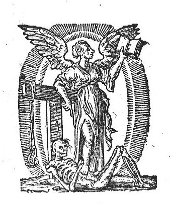Allegory on the Christian Religion: a winged woman holding an open book and leaning against a tau-shaped cross; a bit hanging on one arm of the cross; a skeleton, symbolizing Death, below the feet of the woman