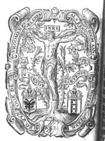 Christ crucified on a cross made of thorny sweet-brier (eglantine), from which flowering stems sprout; coat of arms with double-headed eagle and coat of arms of Amsterdam; banderoles with inscription; 'Hausmarke' with initials "W.S.B."; decorated frame