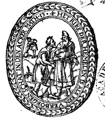 'The Kingdom of Heaven is like treasure hidden in a field': a man digging for a treasure, in the background, and speaking with the man from whom he wants to buy the field, in the foreground