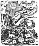 A stone (Dutch: 'steen') falling from a mountain (Dutch: 'berg') 'touched by no man's hand' is about to fall on the clay feet of the great statue - a king with crown and scepter - of Nebukadnezar's dream; God represented as the sun inscribed with 'Deus' and a Jahweh-tetragram; a face symbolizes the winds; mountainous landscape with villages
