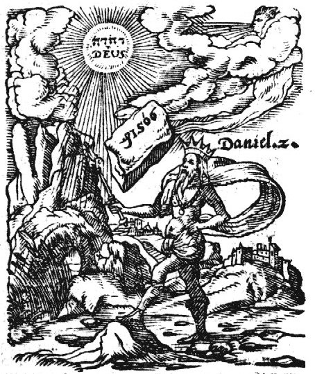 A stone (Dutch: 'steen') falling from a mountain (Dutch: 'berg') 'touched by no man's hand' is about to fall on the clay feet of the great statue - a king with crown and scepter - of Nebukadnezar's dream; God represented as the sun inscribed with 'Deus' and a Jahweh-tetragram; a face symbolizes the winds; mountainous landscape with villages