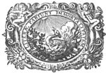 Phoenix looking at the sun; frame, partly made of banderole with inscription, decorated with festoons held by putti